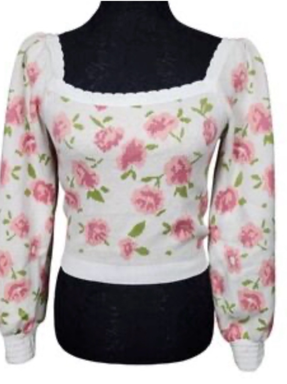 Floral Puff-Sleeve Scoop Neck Sweater - White with Pink Roses